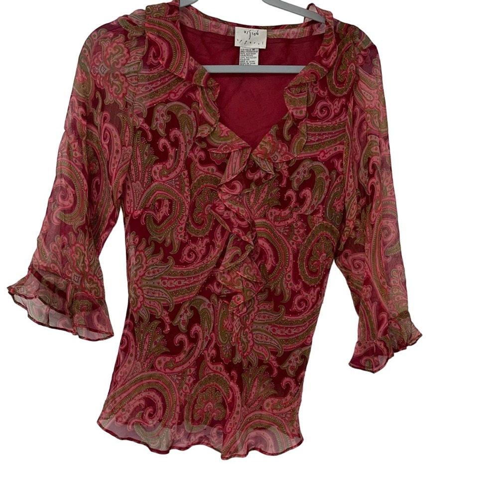 VISION APPAREL RED PAISLEY SEMI-SHEER BLOUSE MEDIUM